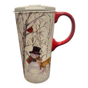 Evergreen Enterprises Ceramic Travel Mug Snowman Cardinal Winter Forest 17oz Lid